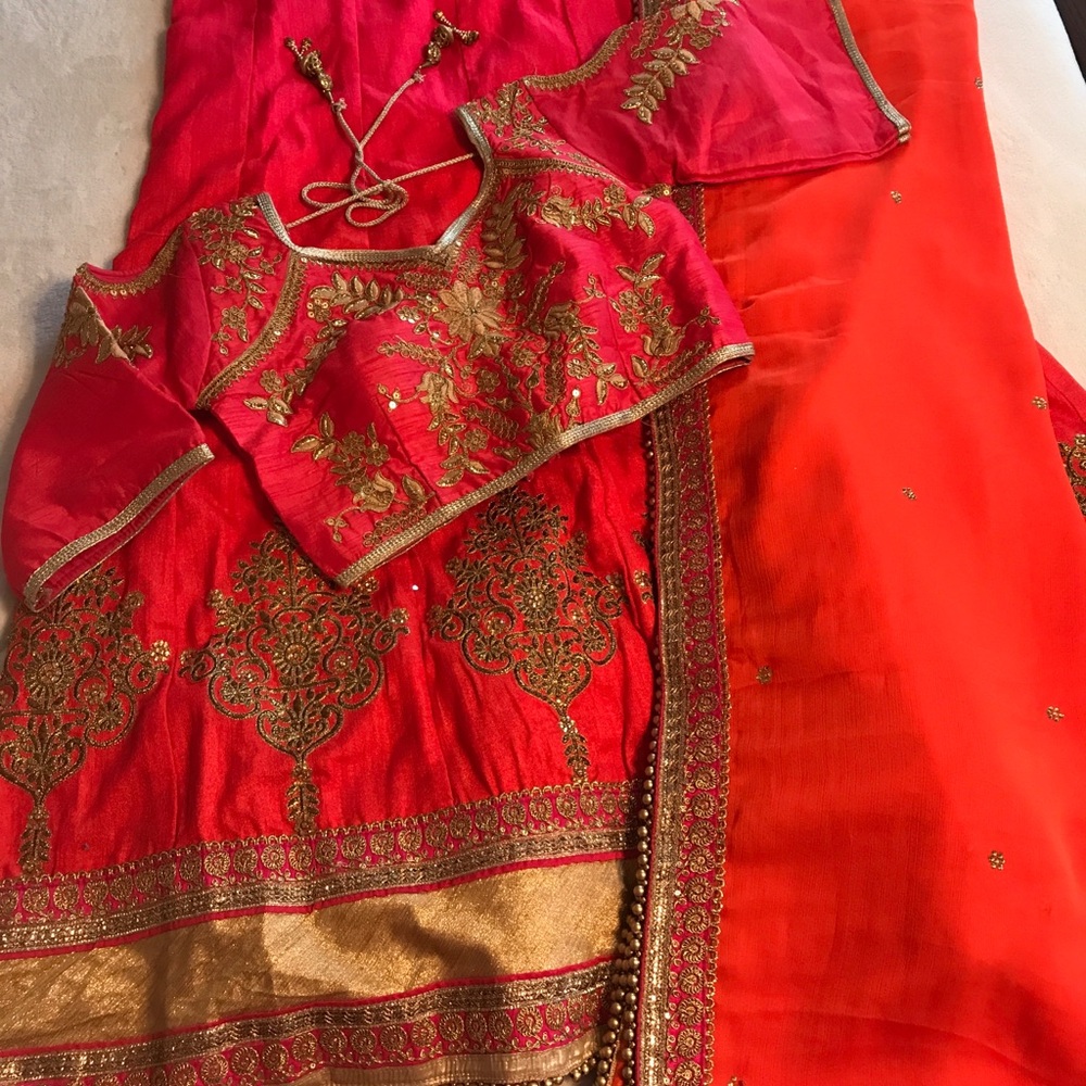 Vibrant Hombre Red to Orange Lehenga 3 pc Dress Set
